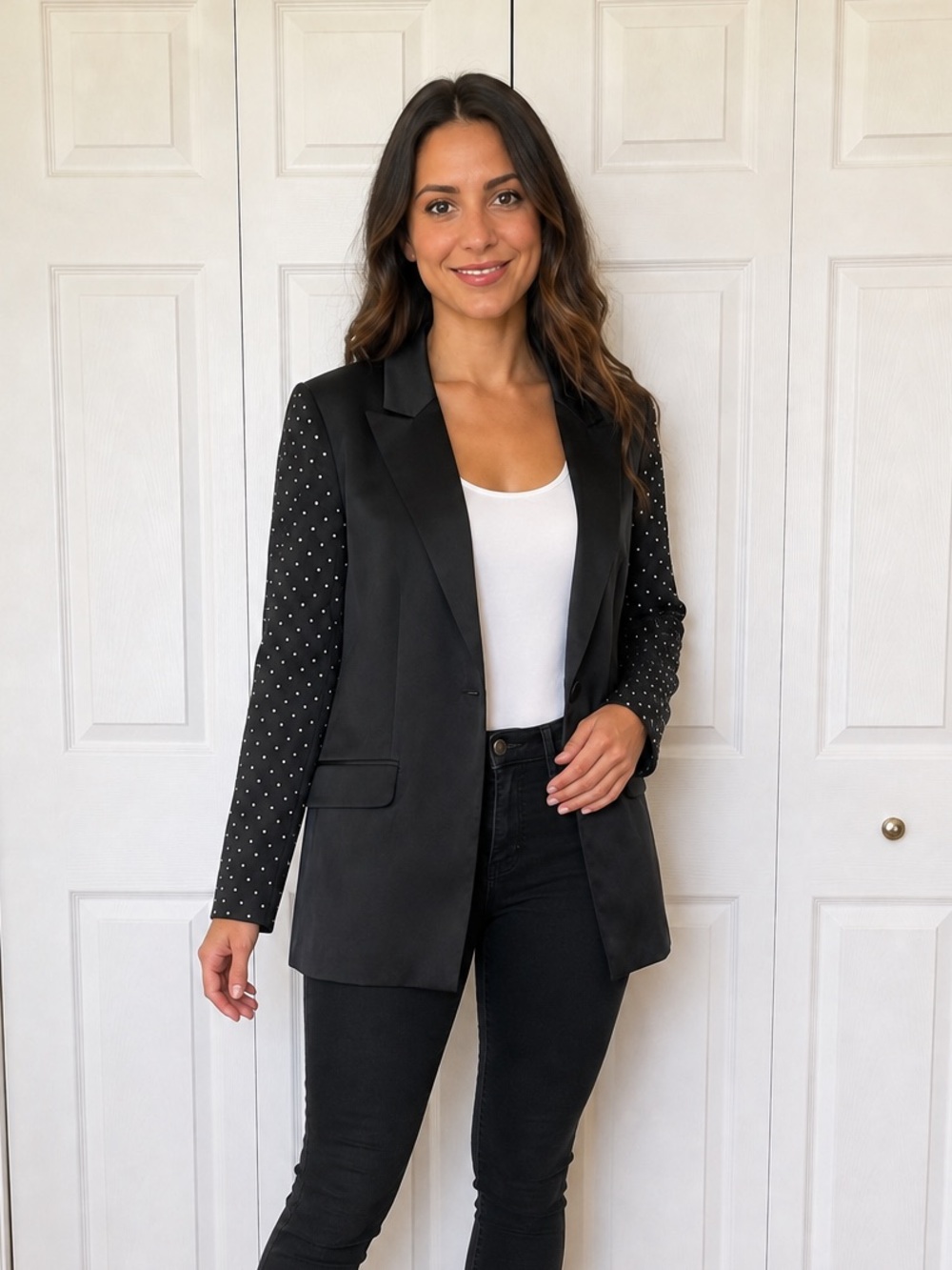 Danielle Bernstein x Macy’s Black Rhinestone Sleeve Blazer Size S Office Classy
